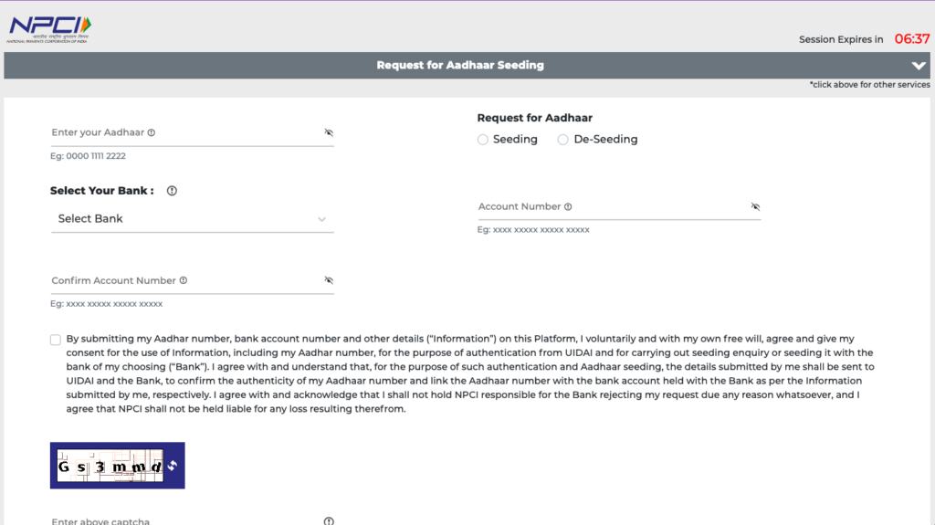 NPCI Aadhar Link Bank Account Online