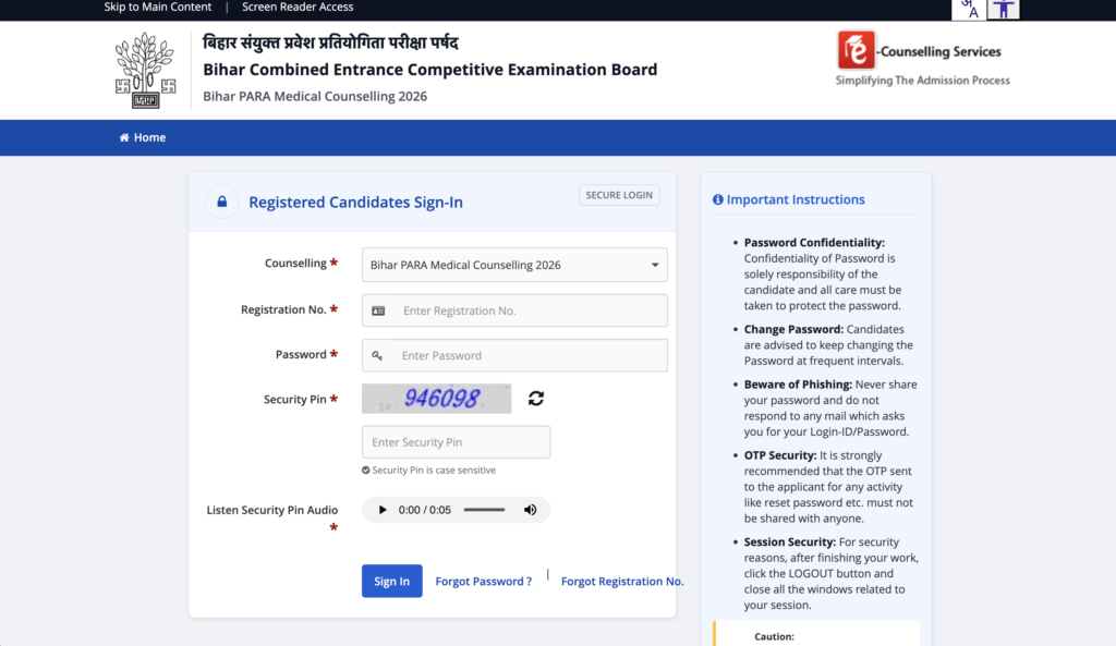 Bihar Paramedical Counselling 2026 Online Registration